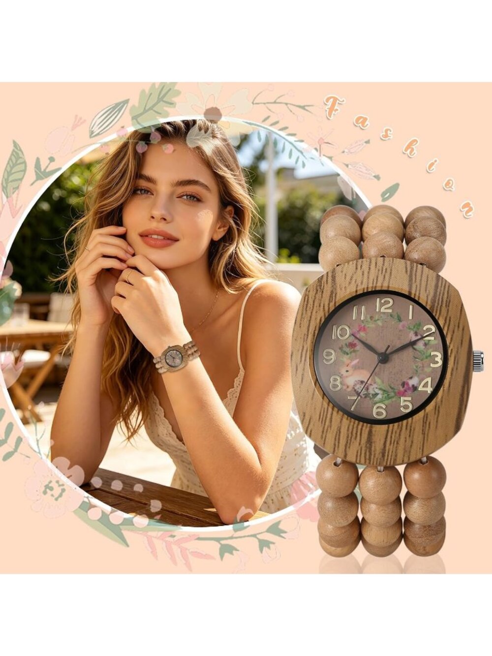 Women's Khaki Boho Wood Bead Wreath Dial Floral Quartz Elastic Band Casual Watch - Picture 6 of 6